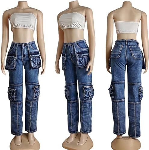 Vakkest Denim Cargo Jeans for Women High Waisted Loose Baggy Straight Wide Leg Stretch Pants Y2K Streetwear with Flap Pockets 5