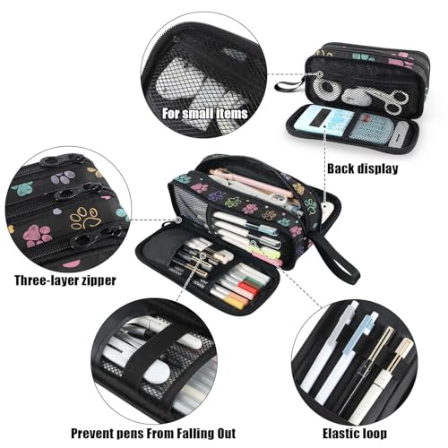 Image of Fustylead Colorful Doodle Cute Paw Print Large Pencil Bag Storage Pen Case Makeup Pouch Stationery Bag for School College Office Organizer