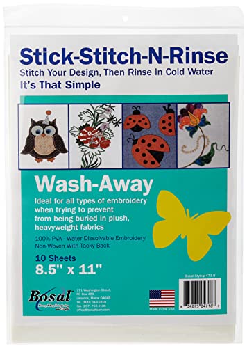 Bosal Stick-Stitch-N-Rinse Wash-Away Stabilizer-8.5 x 11-inch 10/Pkg, Other, Multicoloured, 22.22 x 27.94 x 0.63 cm