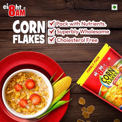Image of 8AM Corn Flakes Family Pack 1kg, 92% Corn, 99% Fat Free, No Cholesterol, Trans Fat, Vitamin B3 & Iron, Crunchy & Nutritious Whole Grain Breakfast Cereal