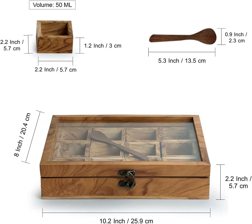 ExclusiveLane 'Medley of Masalas' Indian Spice Box with Spoon (12 Removable Container, Each Container : 1.8 oz, Teak Wood) | Masala Dabba Spice Storage Container Rack Wooden Spice Box for Gift