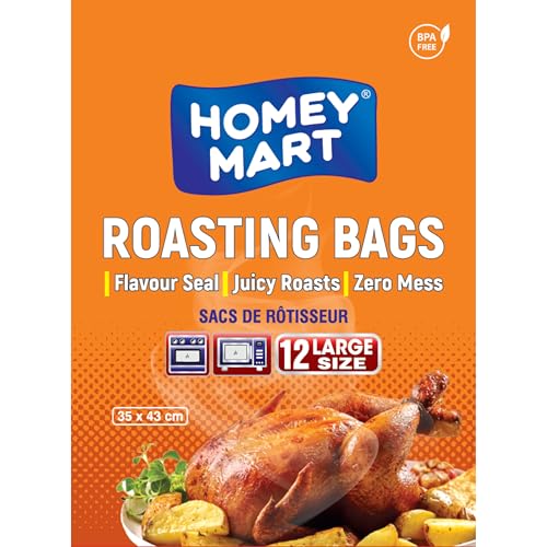 HOMEY MART Premium Roasting Bags Flavour-Seal for Chicken Turkey Meat Fish & Vegetables Oven & Microwave Safe up to 400 F BPA-Free Large Size 35cm x 43cm 12 -Pack with Ties