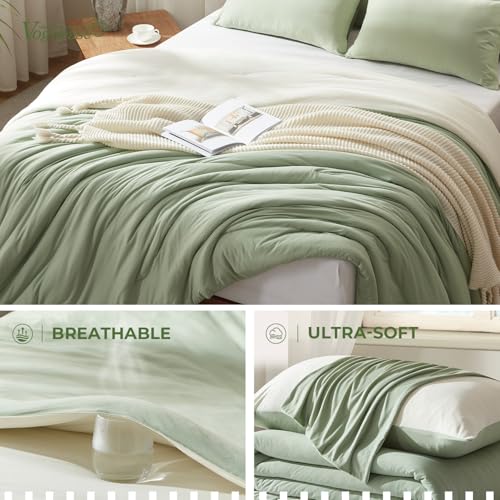 Image of Full Size Comforter Set, Comforters Full Size Luxury and Ultra-Soft Jersey Knit Bedding Set, Sage Green /Beige Lightweight Down Alternative Bed Comforter for All Season, 3 Piece Bedding Set
