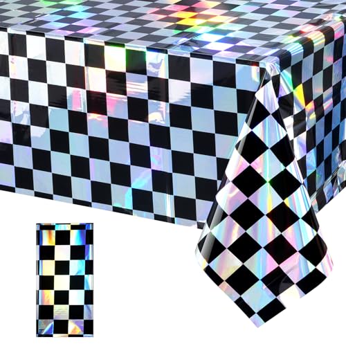 Image of 1Pack Black and Iridescent Checkered Plastic Tablecloth, Shiny Disposable Laser Rectangle Table Covers, Holographic Foil Tablecloth Iridescent Party Decorations for Picnic Camping Race Car, 54x108Inch