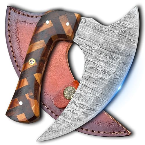 SNA CRAFTS Handmade Damascus Steel Alaskan ulu knife with Leather sheath - Perfect Pizza cutter rocker knife for chopping, mincing and slicing - Give the Best Gift to Your Loved Ones