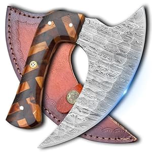 Handmade Damascus Steel Alaskan ulu knife with Leather sheath – Perfect Pizza cutter rocker knife for chopping, mincing and slicing – Give the Best Gift to Your Loved Ones