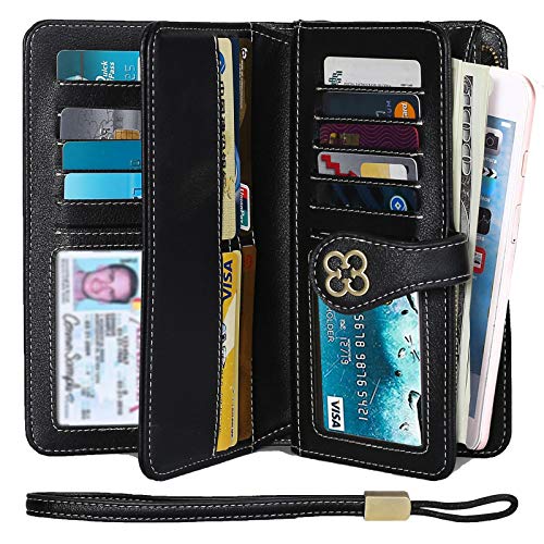 Leather Wallet for Women RFID Bifold Designer Ladies Wallet Large Capacity With Zipper and Wristlet Women's Wallet Hold Cell Phone, Checkbook, Credit Card Holder(Black)