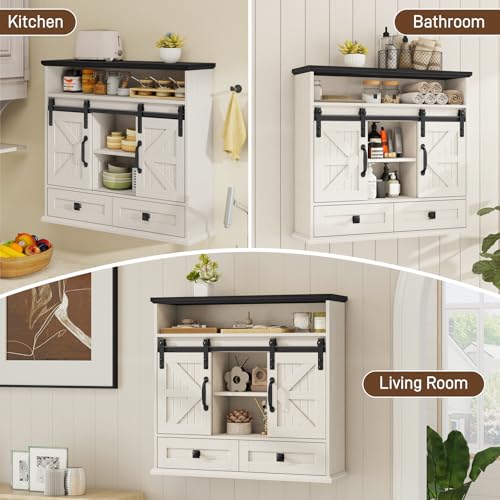 Image of Vabches Bathroom Wall Cabinet, Farmhouse Medicine Cabinet with Sliding Door | Vintage Storage Cabinet Wall Mounted with Storage Drawer and Removable Divider for Bathroom, Kitchen, Rustic White and Black