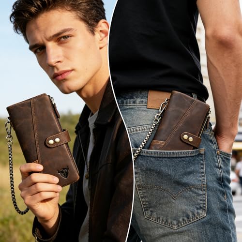 Image of Genuine Crazy Horse Leather Travel Gift Coin Pocket Card Case Long Organizer Chain Rfid Wallet Purse With Snap For Men Male 1803 (1803 dark coffee)