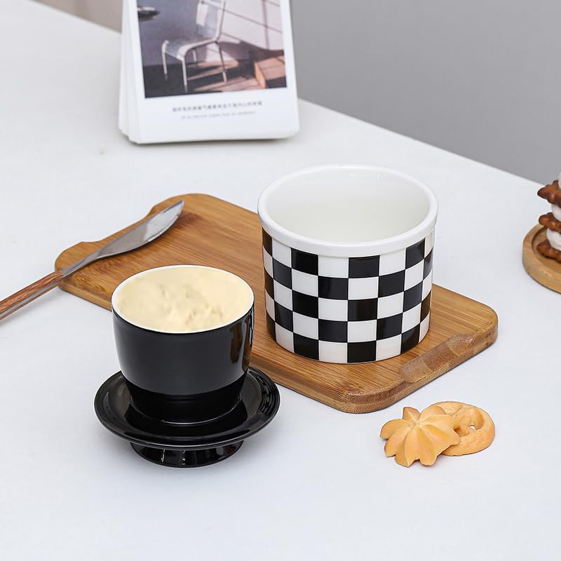 NOENELULOCI Butter Crock for Counter with Water Line for Fresh Spreadable Butter - French Butter Keeper with Lid?Black & White Gobang-Inspired Checkerboard Design