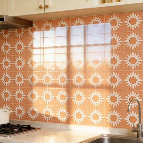Protector Salpicaduras Cocina 15x15cm Dibujos Animados Sol Amarillo Azulejos Adhesivos y Baldosas Adhesivas Pared,Material PVC Impermeable para Decoración, Baño y Espacios Interiores