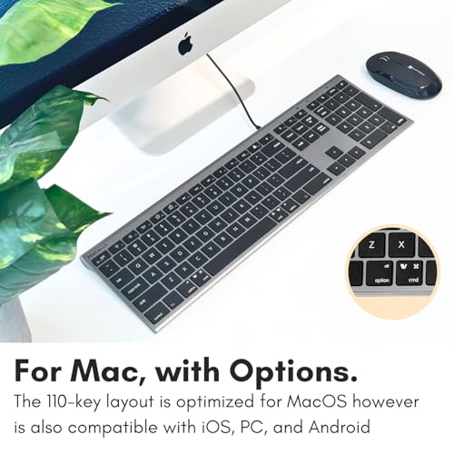Macally USB C Keyboard (Upgraded) - Dual USB A + C Plug - Wired Keyboard for Mac - Ultra Slim, 20 Shortcuts, 110 Scissor Keys - for MacBook Pro/Air, Mac mini, iMac, iPad - Gray
