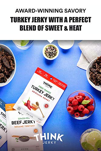 Sriracha Honey Turkey Jerky by Think Jerky — Delicious Chef Crafted Jerky — Free-Range Turkey With No Gluten or Antibiotics Added — Healthy Protein Snack Low in Calories and Fat — 1 Ounce (8 Pack)
