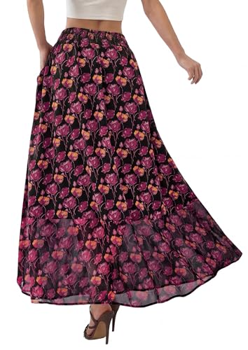 PRETTYGARDEN 2026 Summer Maxi Long Skirts for Women Trendy Boho Floral High Waisted Slit Flowy Travel Beach Vacation Clothes (Floral Black Rose Red,Small) — view 4