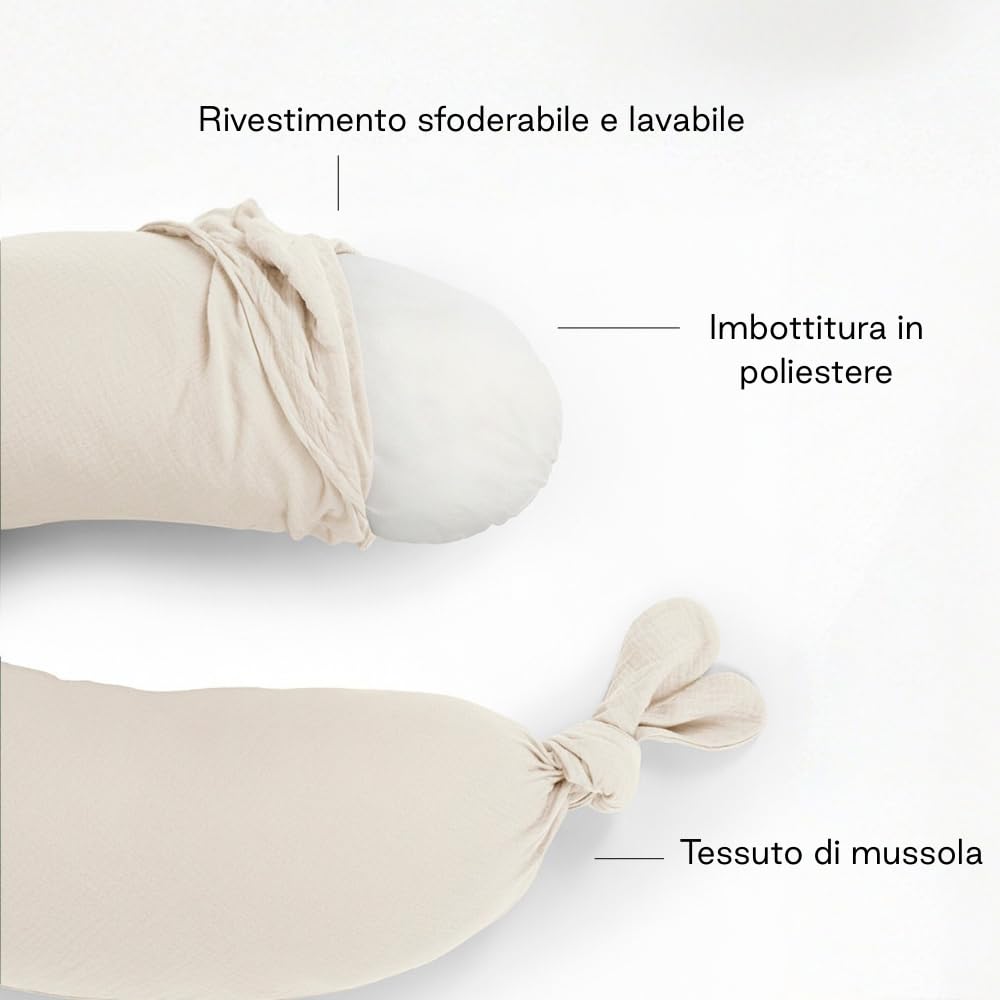 Jané Cuscino per Allattamento XXL e Gravidanza, Cuscino per Dormire e Riposo, Fodera 100% Cotone Mussola, Beige