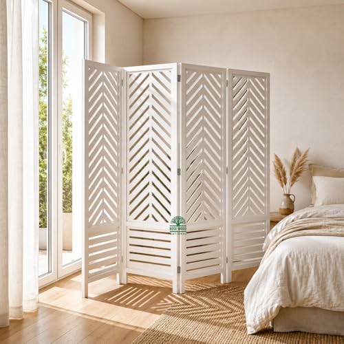 Image of Wooden Room Divider 6 Feet, 4-Panel Folding Wooden Partition for Living Room, Office, Pooja Room, Restaurant, Kitchen & Balcony (2W x 1.82H Meters). (White-Cone Pattern)