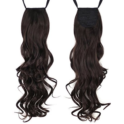 Foreign Holics Synthetic Long Curly Ribbon Tie Up Ponytails Hairpiece Clip in on Hair Extensions for Women Girl, 24 Inch, Black
