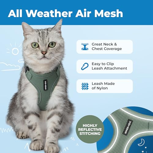 Image of Voyager Escape-Proof Step-in Lock Cat Harness & 5ft Neoprene-Handle Leash Set All-Weather Mesh with Reflective Stitching for Small to Large Cats by Best Pet Supplies, Moss Green (327), XS