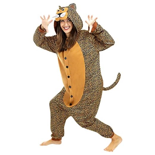 Funidelia | Disfraz de Leopardo Onesie para Hombre y Mujer Talla M Animales, Desierto, Selva - Color: Marrón - Divertidos Disfraces y complementos para Carnaval y Halloween