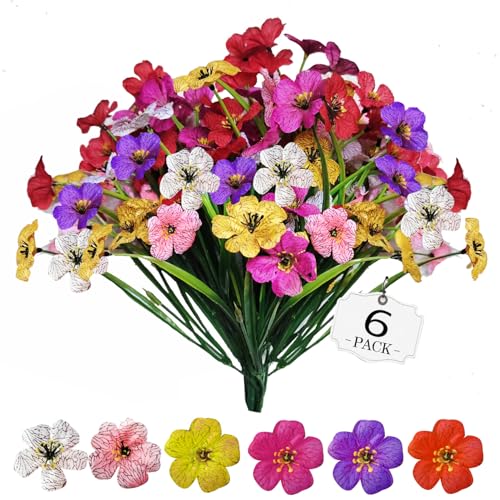 7Queen 6Bundles Artificial Flowers for Outdoor,No Fade Fake Plastic Flowers Faux Plants for...