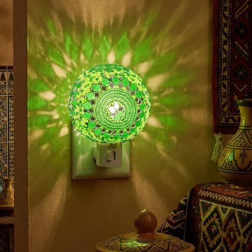 Image of Baquler Turkish Night Light Plug in Wall - Moroccan Stained Glass Globe Lamp Bohemian Bedroom Decor Ambient Warm Light for Living Room Hallway Unique Gift for Women(Green)