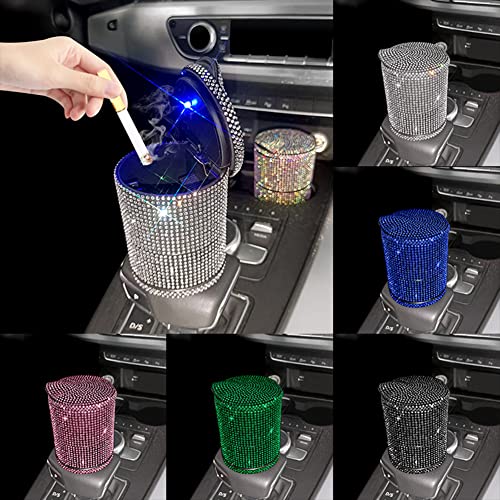 Bling Crystal Car Ashtray Cigarettes with Colorful Rhinestones Auto Vehicle Air Vent Multifunctional Ash Holder Container with Blue LED Light for Women Car Trash Can