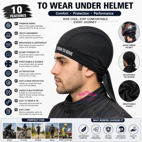 Image of Under Helmet Liner Cap for Men & Women | Inner Cap for helmat Breathable Sweat Absorbent Quick Dry Skull Cap | Tie-Back Helmet Inner Cap for Bike Riding, Cycling, Running & Outdoor (Black)