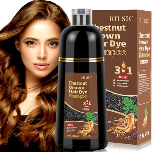 500ML Champú para tinte de pelo Negro, Champú de color negro para cabellos grises, Champu para tinte de pelo 3 en 1, Champu de color para el cabello instantáneo para hombres mujeres (Castaño)