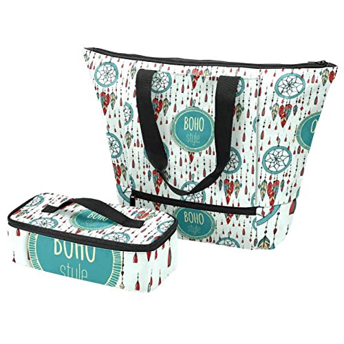 Sac fourre-tout bohème pour pique-nique et voyage avec pochette repas isolante multicolore