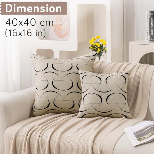 Image of HOKIPO 'Elira Series' Printed Quilted Cushion Cover for Sofa 16x16 Inches, Set of 2, Natural Beige Abstract Art (AR-6231-C4*2)