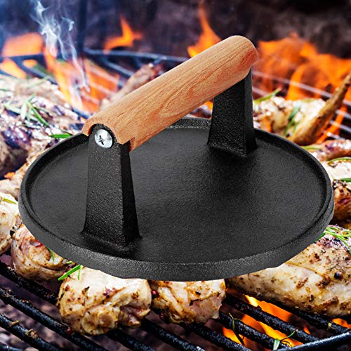 Yoidesu Round Grill Press Meat Press Griddle Press Heavy-Duty Cast Iron Grill Press, Hamburger Press Top Round Steak Bacon Press with Wood Handle, for Meat/Potato/Steak Grill Weight/Burger Smasher