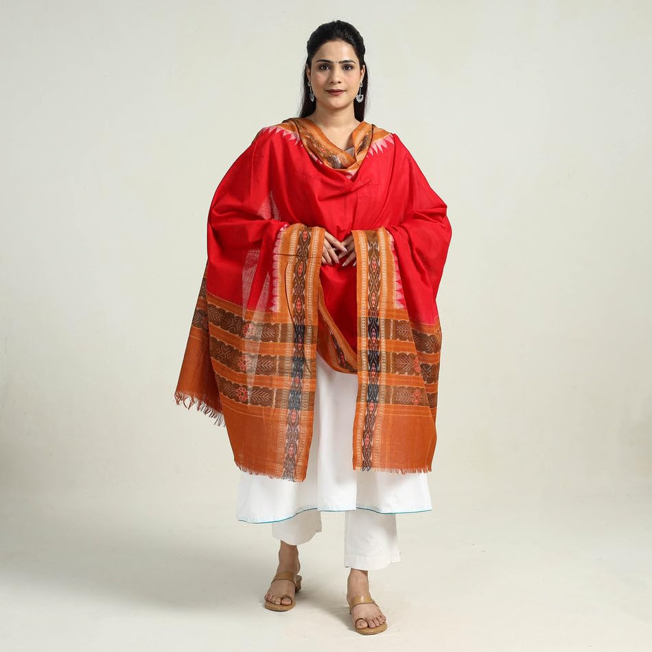 Image of Cotton Dupatta with weaving and Ikat woven border from the Weavers Stole for Girls & Women