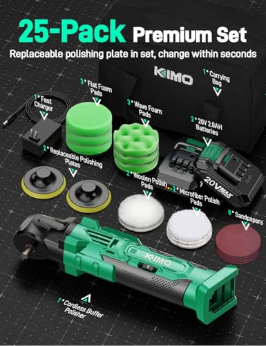 Image of KIMO 20V Cordless Polisher, 25PCS Car Polishing Kit, 6 Speeds to 6000RPM Cordless Buffer Polisher Kit w / 2*2000mAh Batteries, 4 Inch Buffer Polisher for Car Detailing, Automotive Care, Scratch Removal