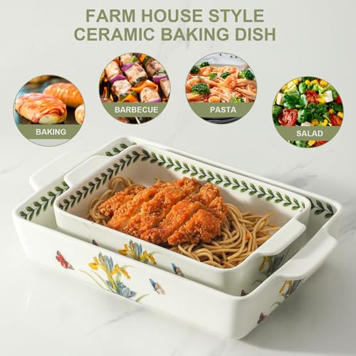 Howise Ceramic Iris Baking Casserole Dish with Handles, Large 2 pieces 8x13 inch & 6x10 inch Lasagna Baking Dish and Middle Flower Andplant Baking Pan,Porcelain Serving Bakeware Set by Howise - Image 3