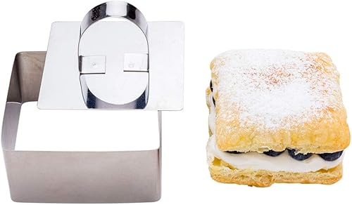 Restaurantware Pastry Tek 3.3 x 1.5 Inch Cake Ring Mold 1 Square Cooking Ring With Food Press - Small Dishwasher-Safe Stainless Steel Mousse Mold