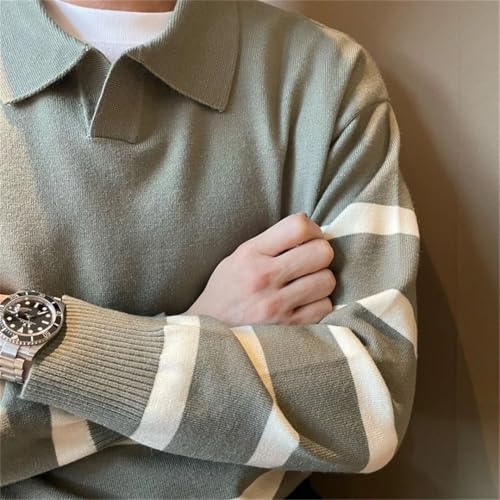 Men’S Simple Turn-Down Collar Striped Knitted Pullover Sweater Casual Loose Long Sleeve Jumper Top3