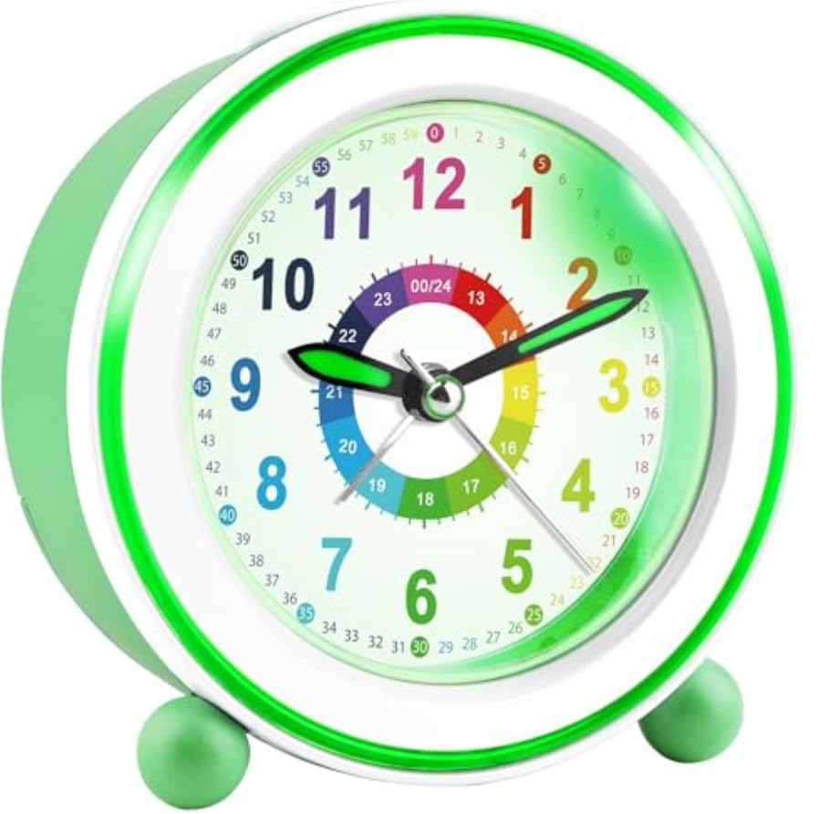 Juboos Kids Alarm Clock for Boys Girls,Children's Digital Alarm Clock with Snooze,8 RGB Night Lights,Double Alarms (green)