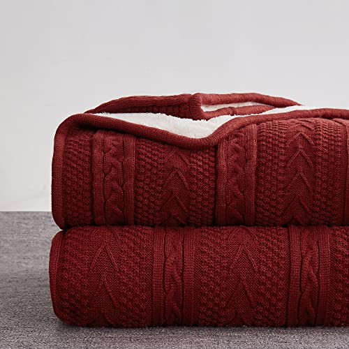 Longhui bedding Sherpa-Überwurfdecke aus Acryl, Zopfmuster, 127 x 160 cm, dick, weich, groß, gemütlich, gestrickte Fleece-Decken für Couch, Sofa, Bett, große Decke, für alle Jahreszeiten, Burgunderrot