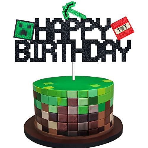 Cikisaa Video Game Cake Topper, Mining Theme Happy Birthday Cake Decorations Kids Party Supplies, Cute Glitter Gaming Party Favors For Boys Girls Adults Birthday, Perfect Cake Decor For Game Fans #TOP5