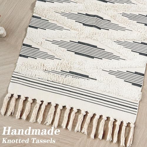 Image of Hand Woven 100% Natural Cotton Export Quality Designer Rug,Carpet, Bed Side Runner for Bedroom,Living Room, Size-2x5 feet or 60 cms x 152 cms (Black Zigzag)