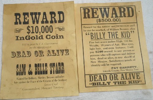 Set of 12 Reproduction Old West Wanted Reward Posters by Collectible Badges