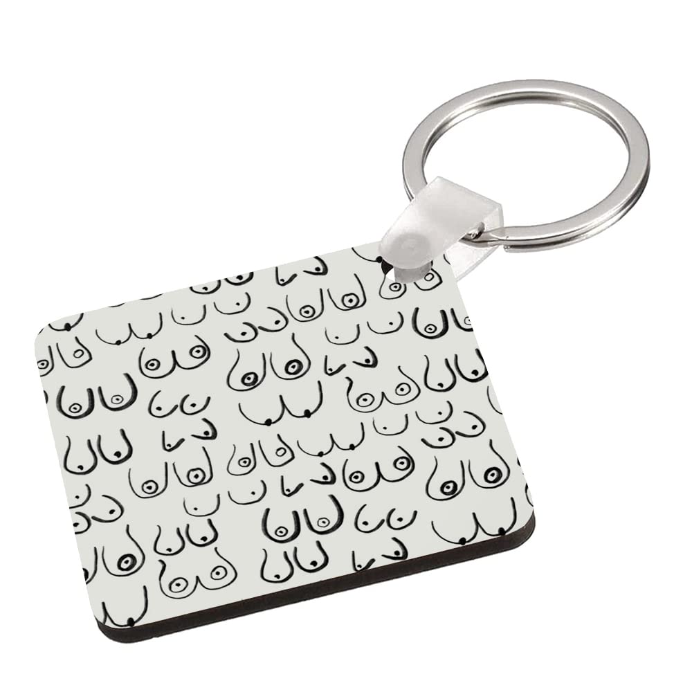 Giftme Boobs Pattern - Black and White line Drawing, Life Drawing, Feminine Art Key Ring Keychain MDF Key ring Keepsake, Family, Sentimental present. (MDF Keyring)