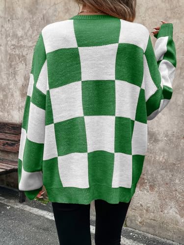 Image of SHENHE Women's Checkered Color Block Oversized Sweater Plaid Crew Neck Drop Shoulder Pullovers