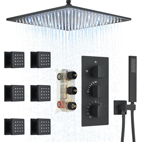 8 Inch Rainfall Shower Faucet with 6 Full Body Shower Jet Fixtures Combo Shower System Set with Rain Mixer Shower Head and Handheld Showerhead Ceiling Mounted LED Shower System，Matte Black