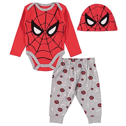 Spiderman Baby Boys Clothing 3-Piece Set with Baby Bodysuit, Pants, and Hat - Marvel Avengers Baby Boy's Outfit (Red/Black/Grey, 3-6 Months)