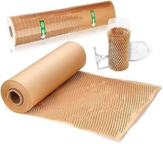 SZSYumUnion Packaging Paper 12"x300' Honeycomb Cushioning Wrap Roll Posting Packing Paper Perforated-Packing Cushioning Wrap Paper with 20 Fragile Sticker Labels Honeycomb Wrap Roll for Moving House