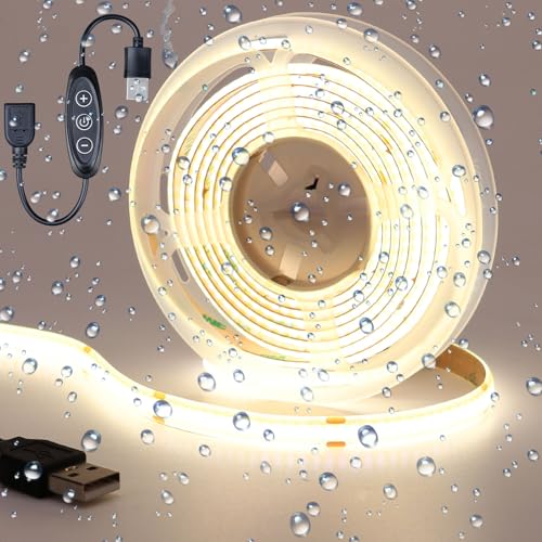 Image of DC 5V USB COB LED Strip Light Natural White 4000K Dimmable IP65 Waterproof CRI 93+ USB Powered 6.6ft /2M 640LEDs with Dimmer High Brightness Flexible LED Tape Lights