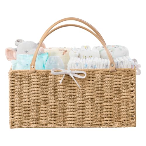Image of HBlife Large Baby Diaper Caddy Organizer, Paper Rope Storage Baskets Nursery Bin with Removable Divider, Portable Car Organizer for Diapers, Baby Shower Gifts, Newborn Essentials Must Haves
