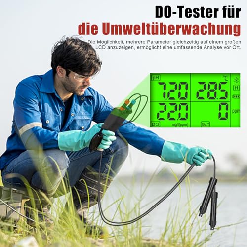 Messgerät für gelösten Sauerstoff für Wasser, 6-in-1 Smart DO, pH, Salzgehalt, TDS, EC, Temperatur, mit automatischer Kompensation für Teiche, Aquarien, Wassertests, Wasserqualitätstester, Teich-Saue