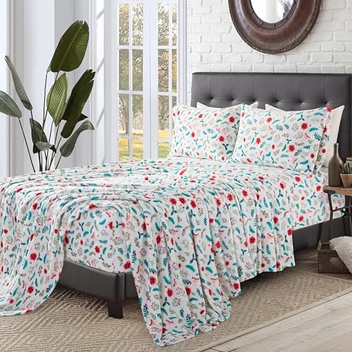 Elegant Comfort Luxuriously Soft 4-Piece Holiday Velvet Plush Flannel Sheet Set - Premium Quality - Cozy Warm, Christmas Fuzzy Velvet Flannel Fleece Deep Pocket Sheet Set - Twin, Winter Bloom